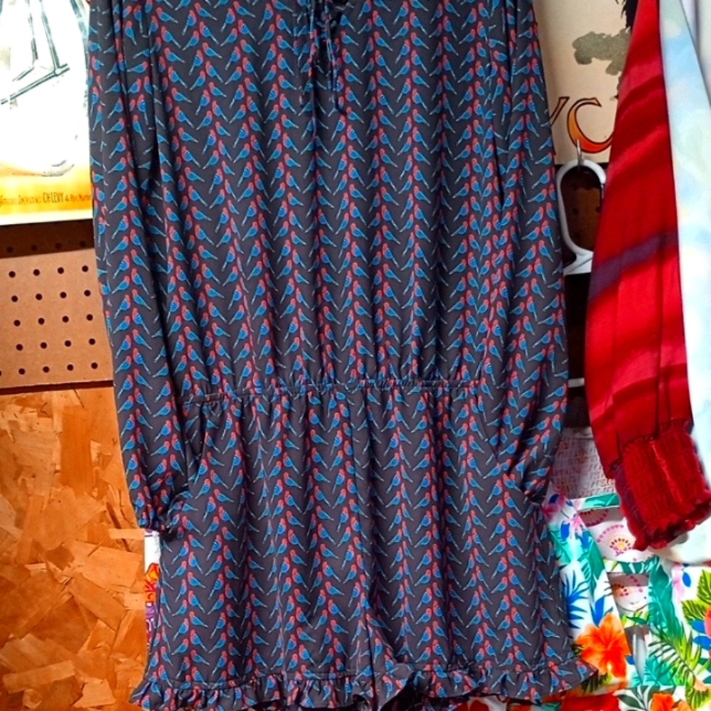 Blue and Red birds Patterned Shorts Romper